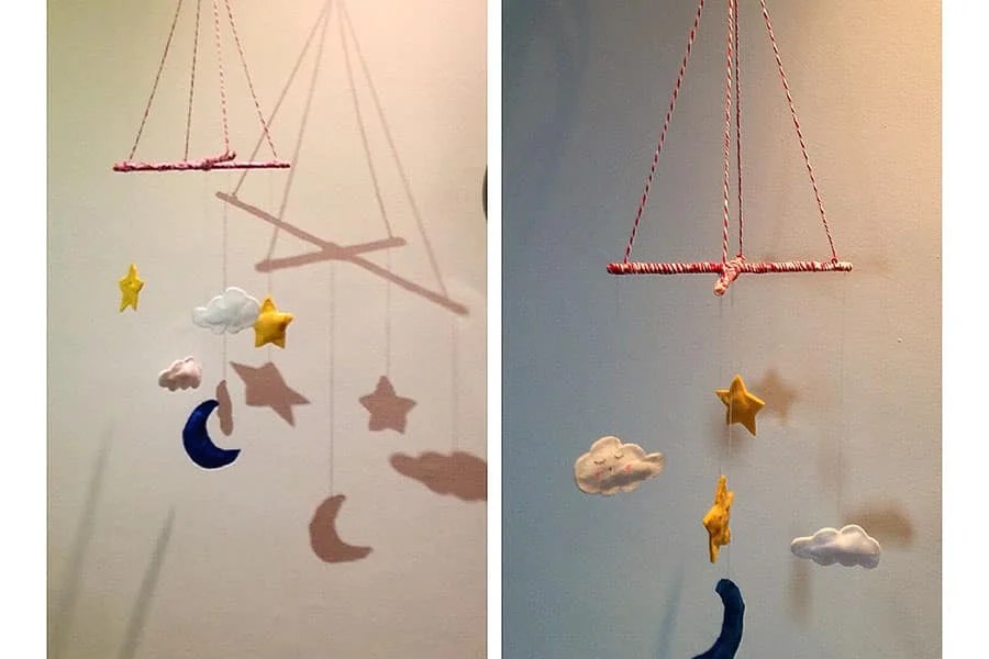 Artesanato com móbile de berço de feltro e bastidor