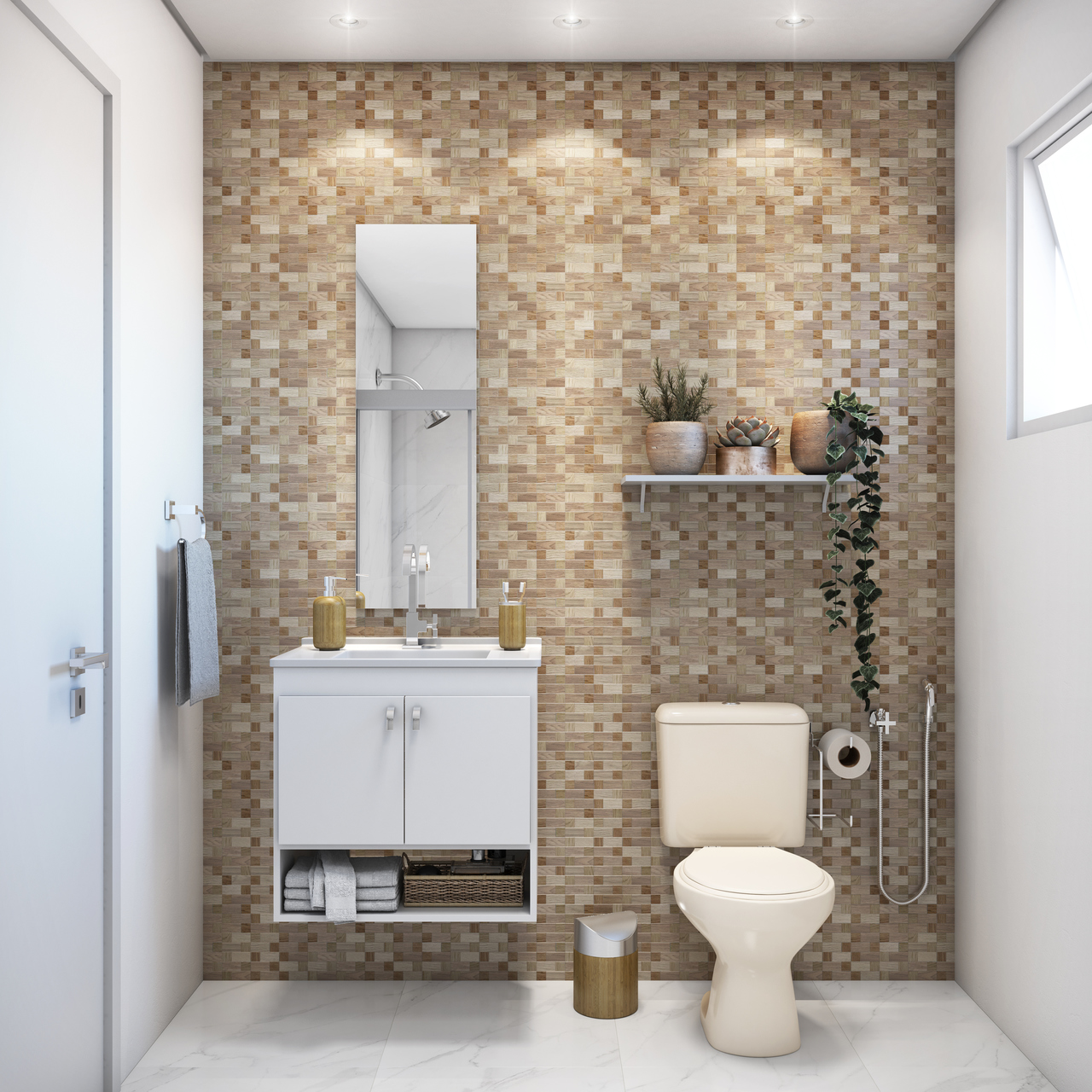 Metais e Iluminação: Detalhes que Transformam o Banheiro Bege e Branco