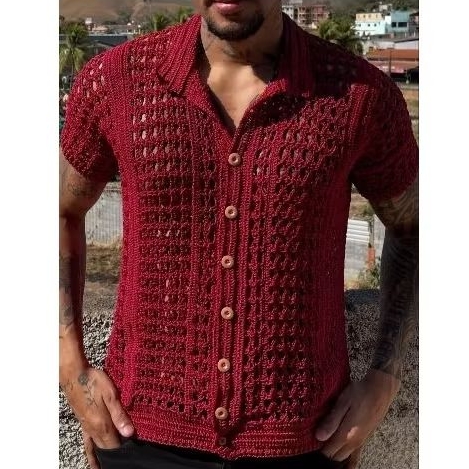 camisa de crochê gola cubana