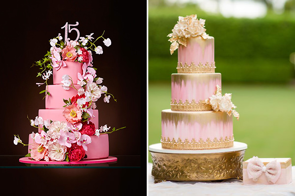 Bolo de casamento rosa e dourado