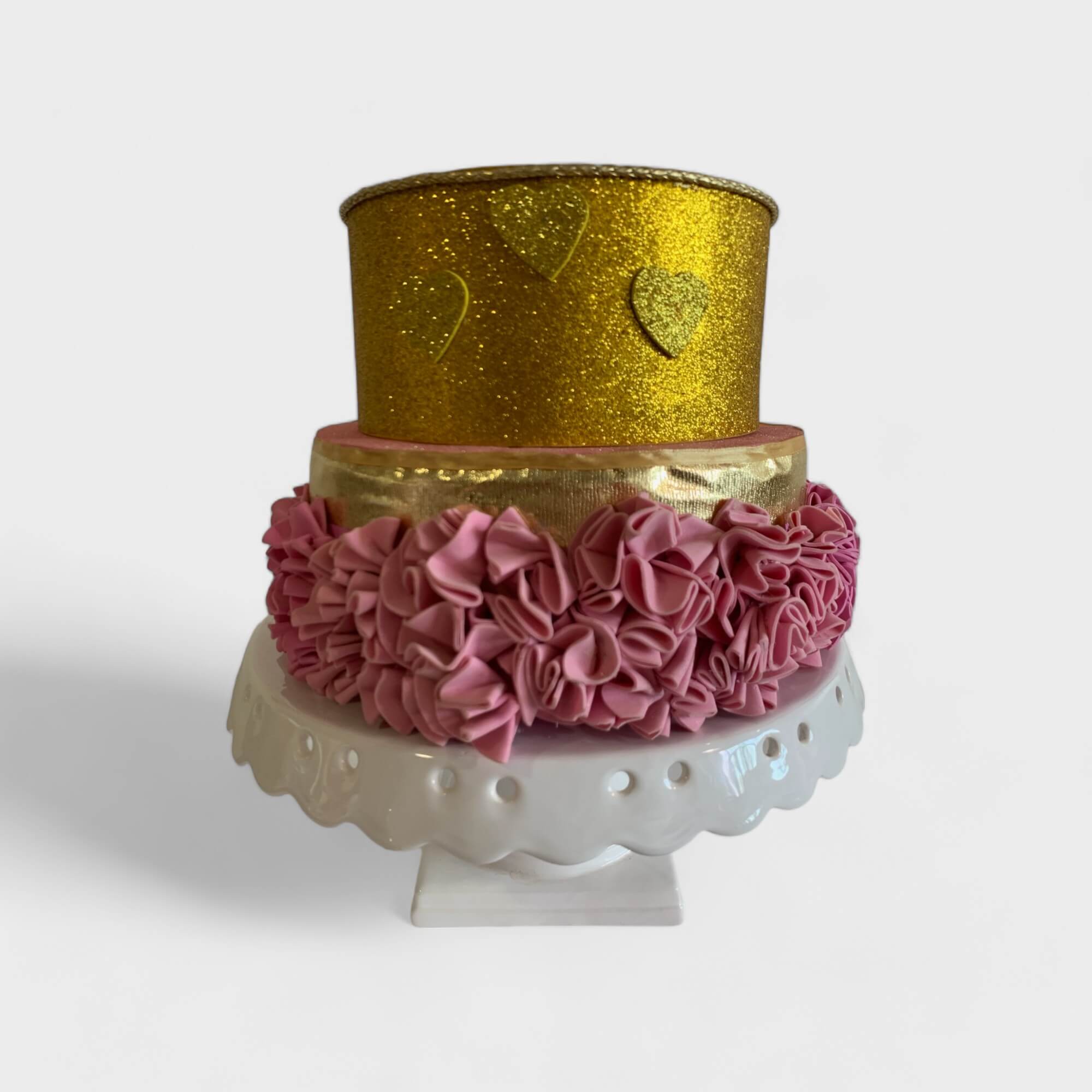 Bolo de batizado rosa e dourado