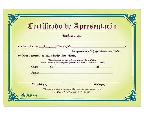 certificado de apresentação de bebe na igreja evangelica para editar