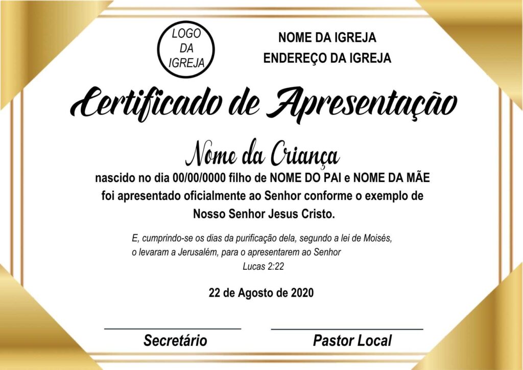 Modelos Gratuitos de Certificados de Apresentação para Igrejas