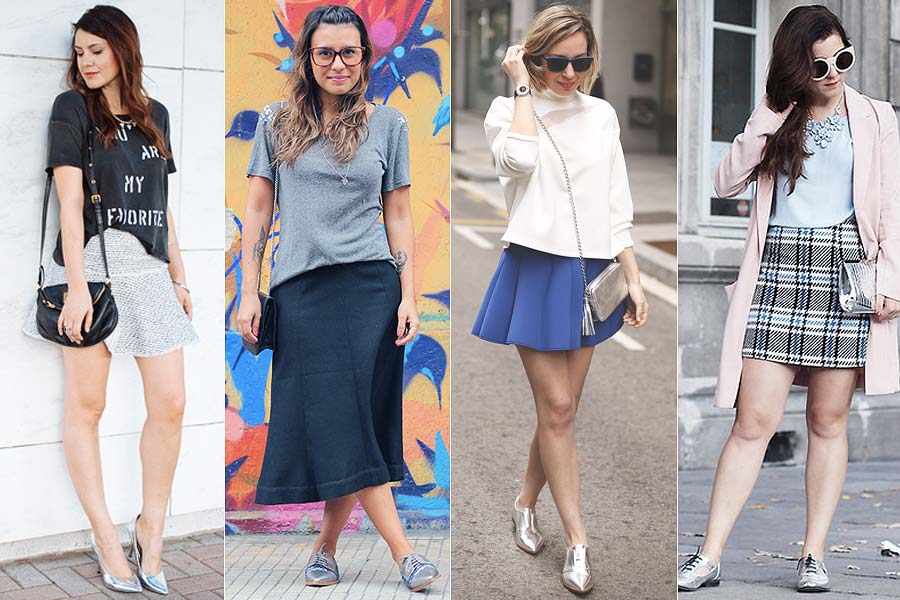 looks com tênis prateado