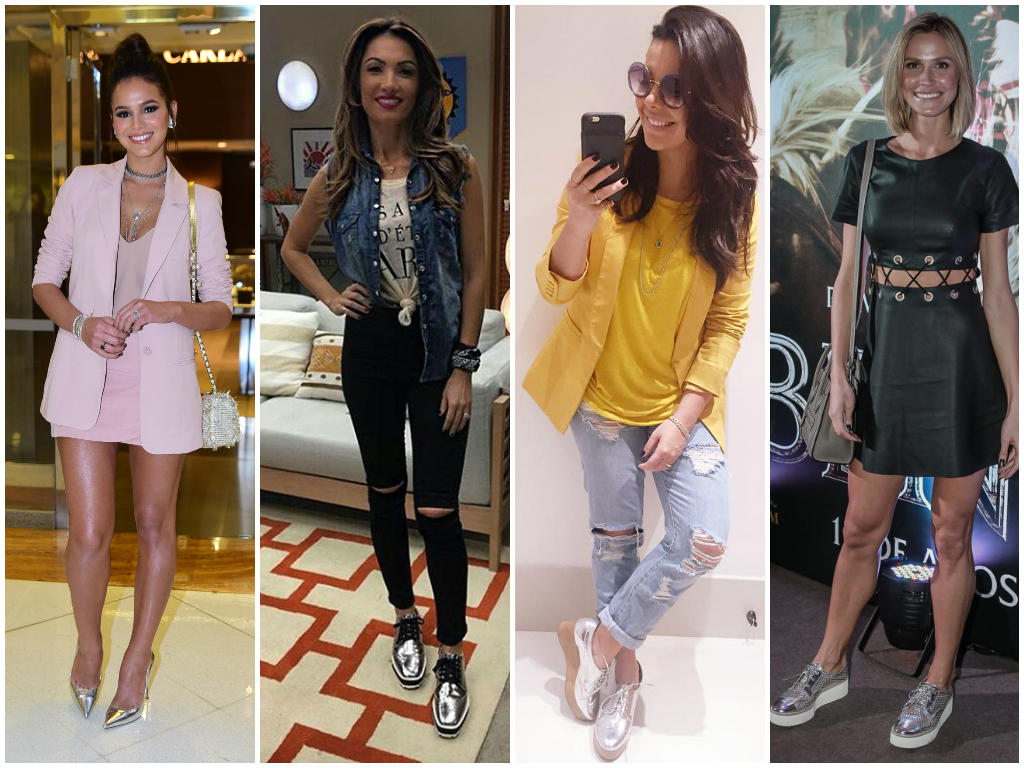 looks com tênis prateado