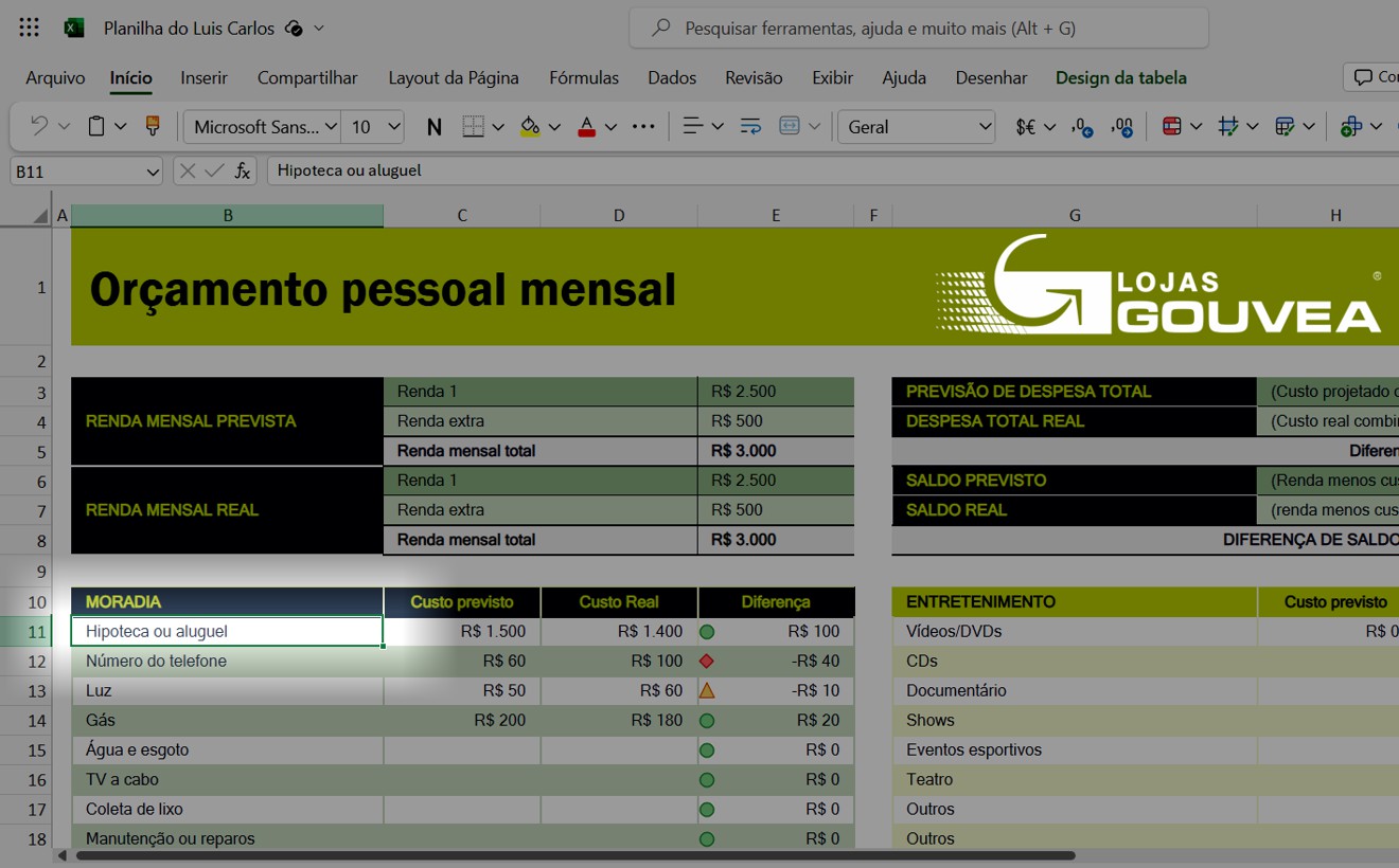 Como fazer o orçamento doméstico do zero usando o Excel