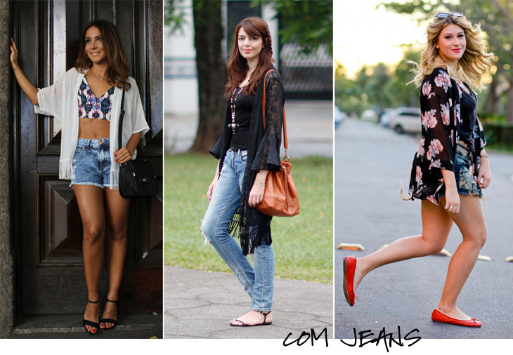 looks com kimono estampado e shorts jeans