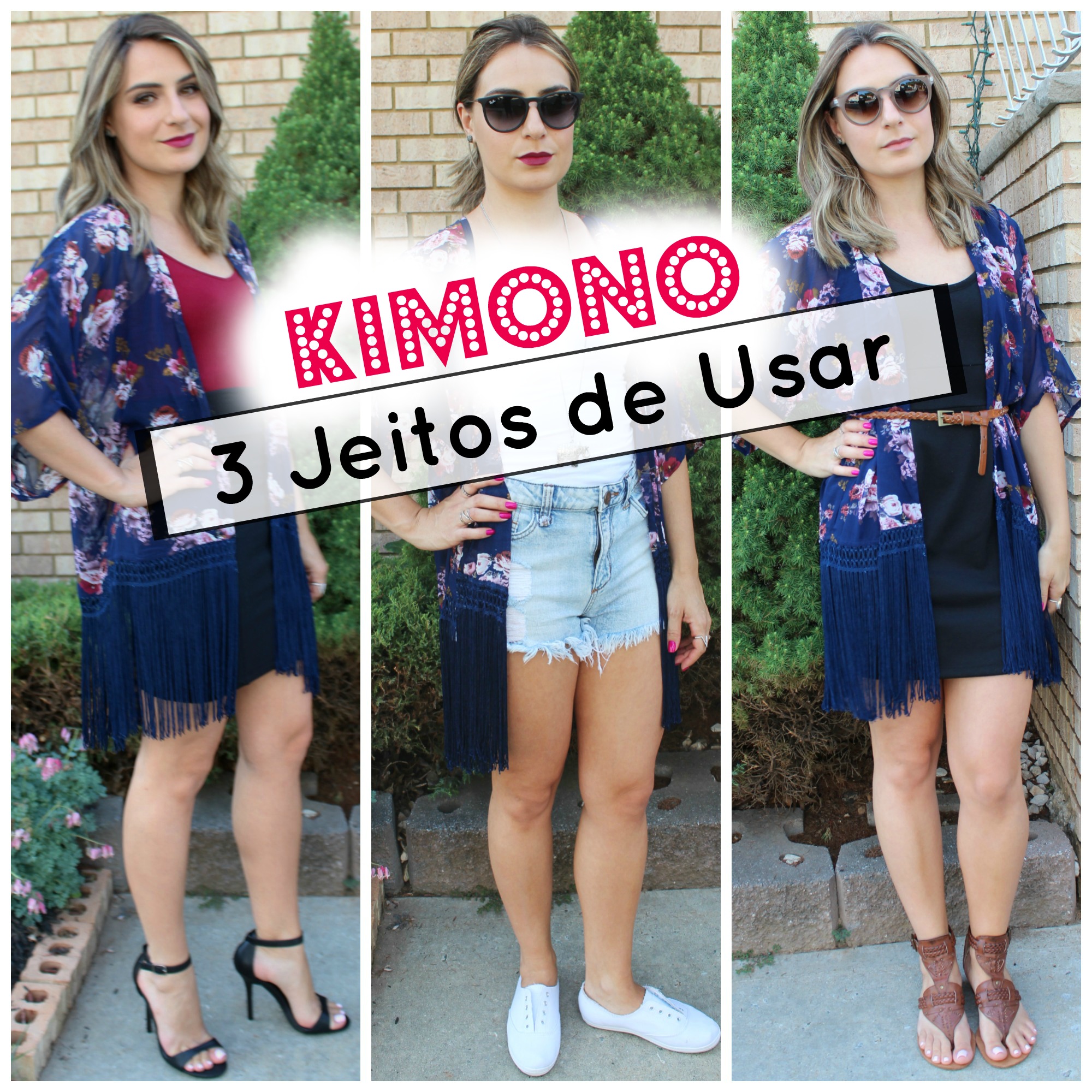 kimono estampado com shorts jeans para o verão