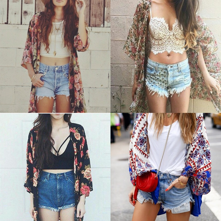 como combinar kimono estampado e shorts jeans