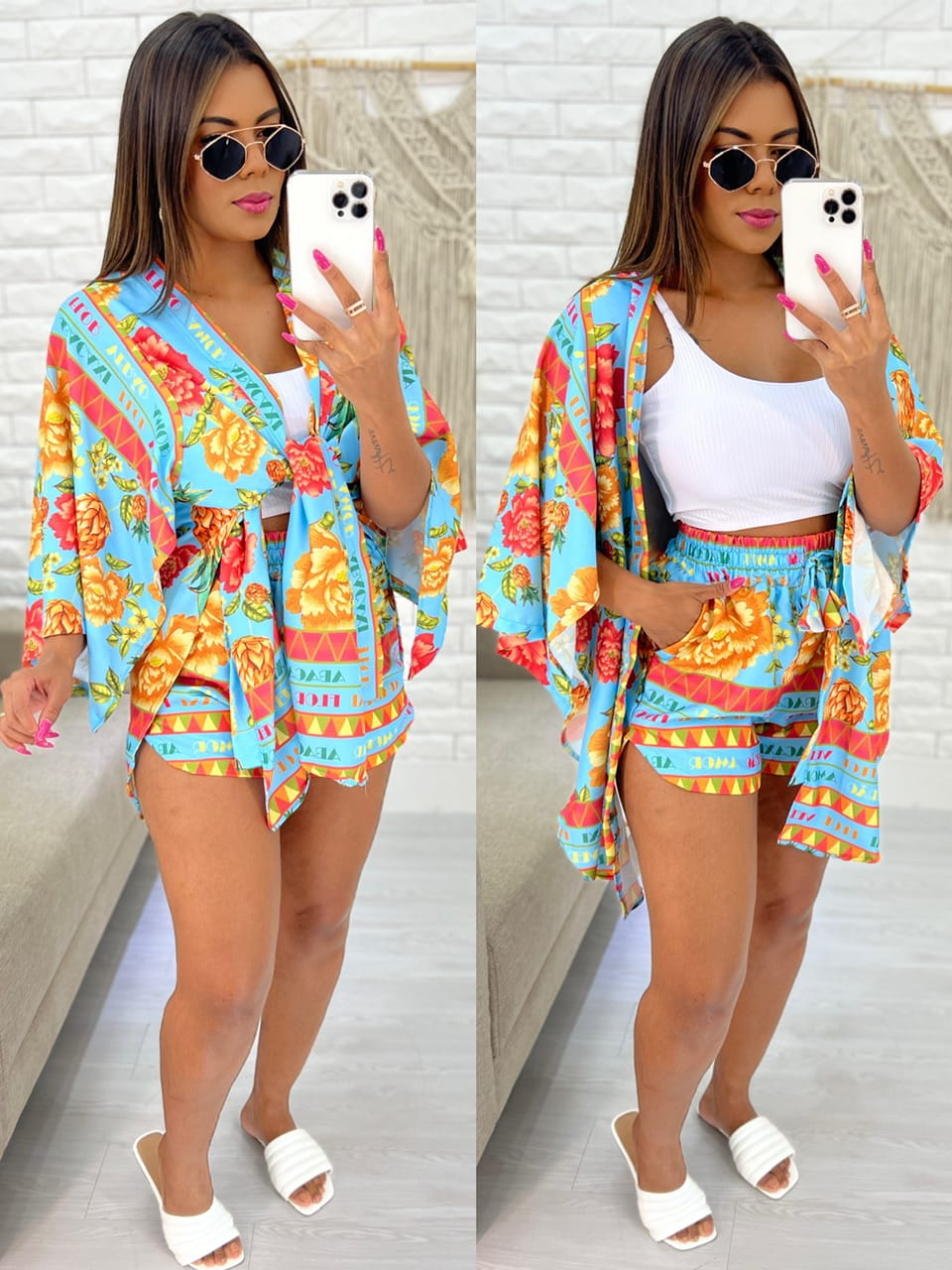Como usar kimono estampado com shorts jeans