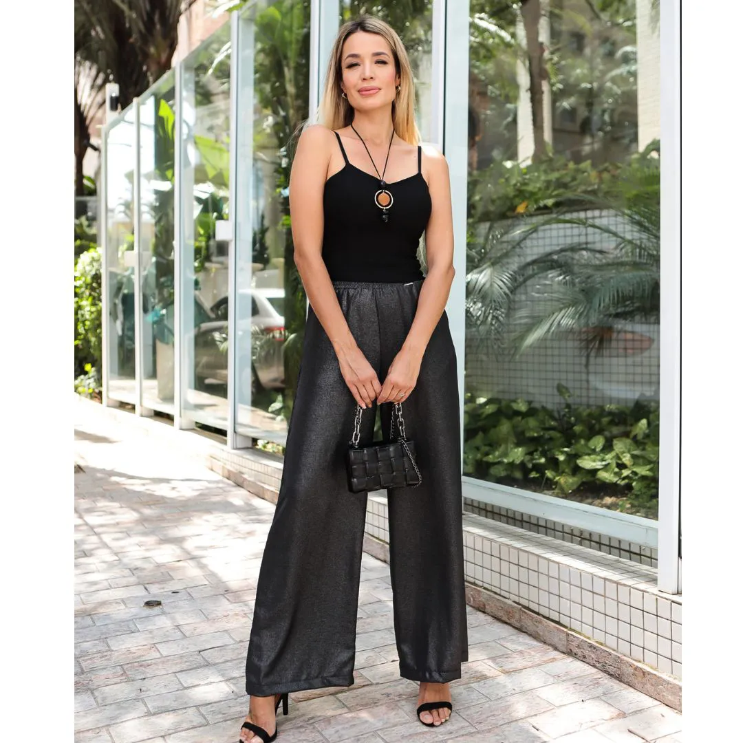 calça pantalona preta combinações