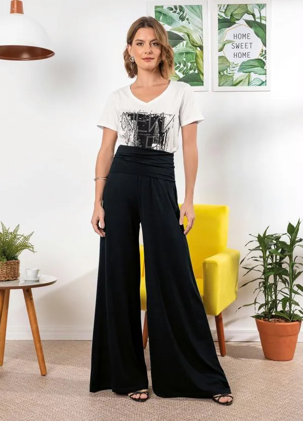 calça pantalona preta combinações