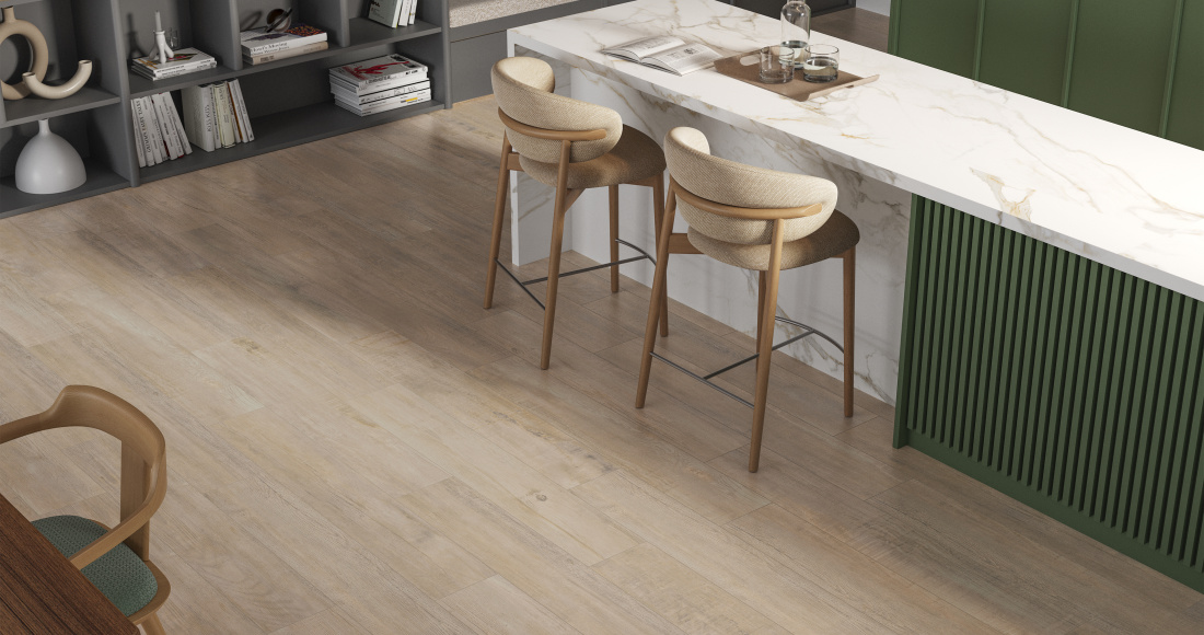 Como integrar ambientes usando porcelanato amadeirado sem soleiras