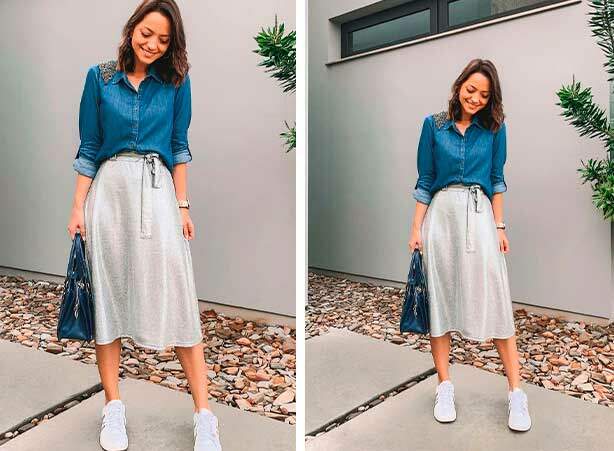 Como usar saia midi com tênis para o trabalho