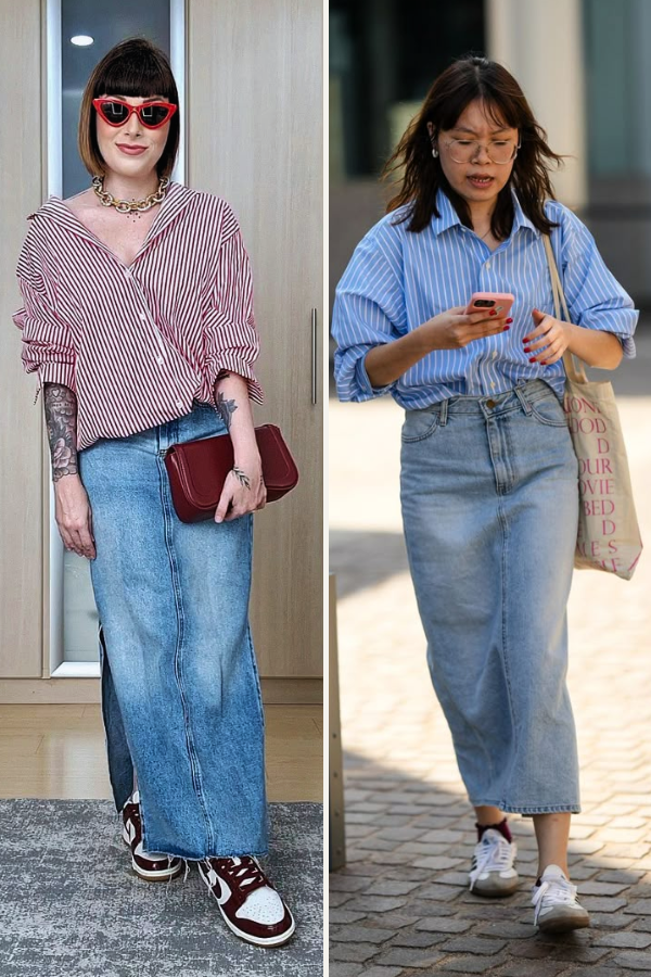 look de trabalho com saia midi e tênis