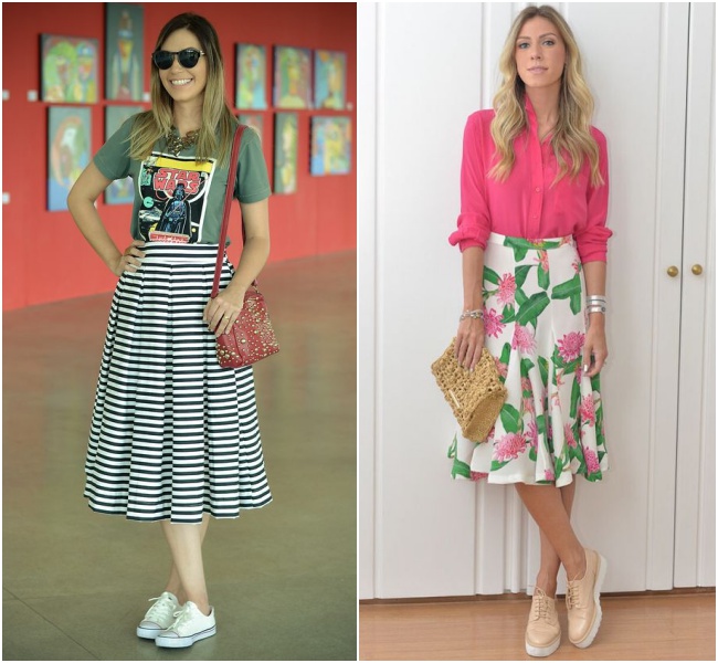 saia midi e tênis para ambiente corporativo