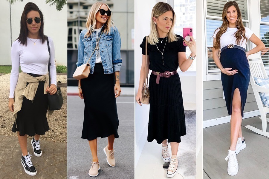 look de trabalho com saia midi e tênis