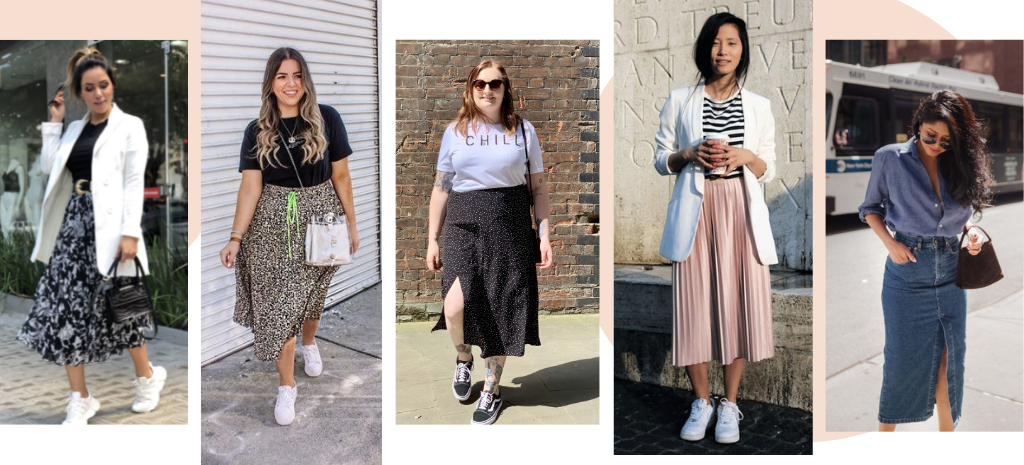 saia midi e tênis para ambiente corporativo