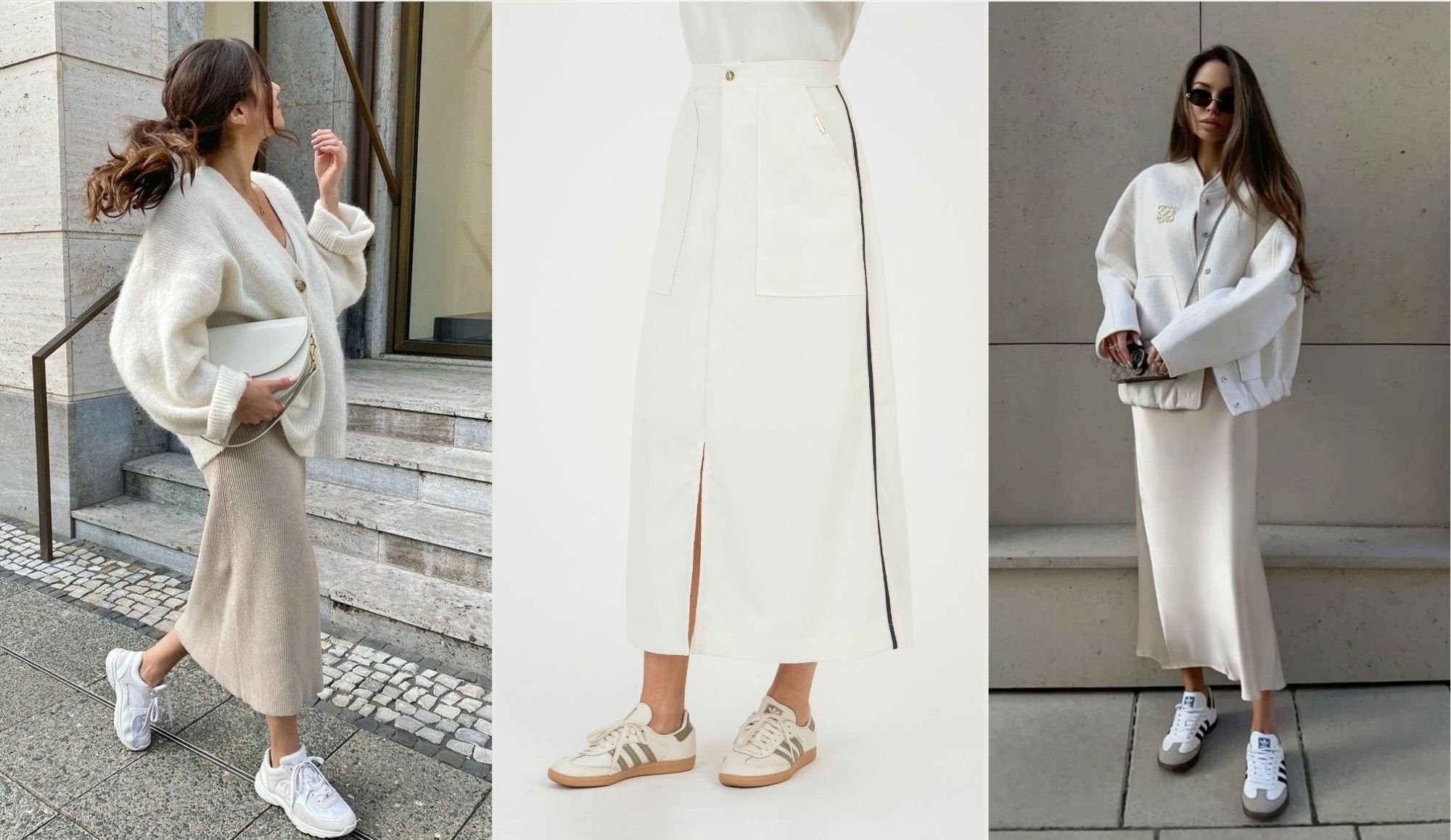 look de trabalho com saia midi e tênis