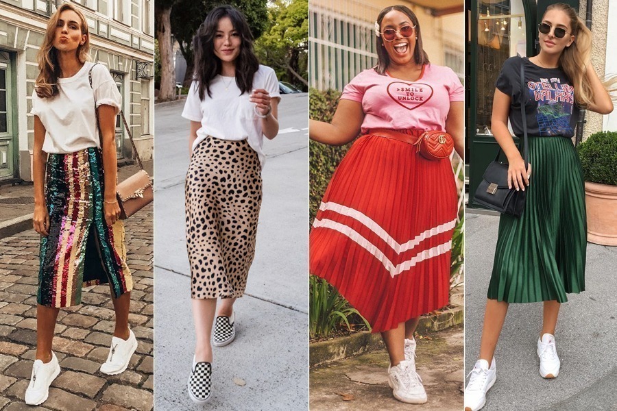 Como usar saia midi estampada com t-shirt