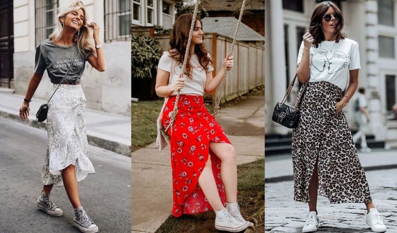 erros ao usar saia midi estampada com t-shirt