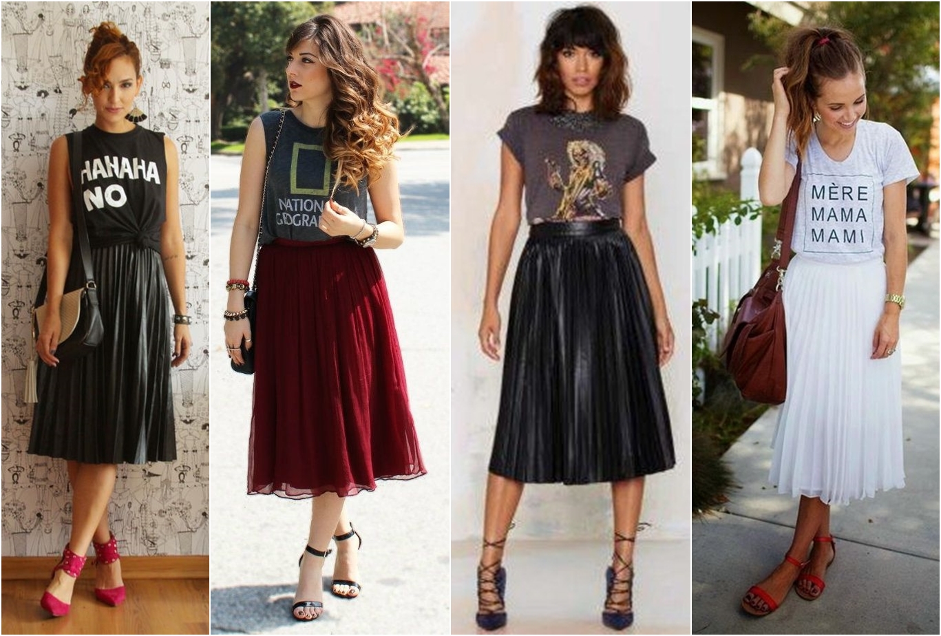 saia midi estampada vs saia lisa com t-shirt