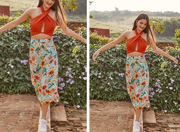 onde comprar saia midi estampada barata para usar com t-shirt