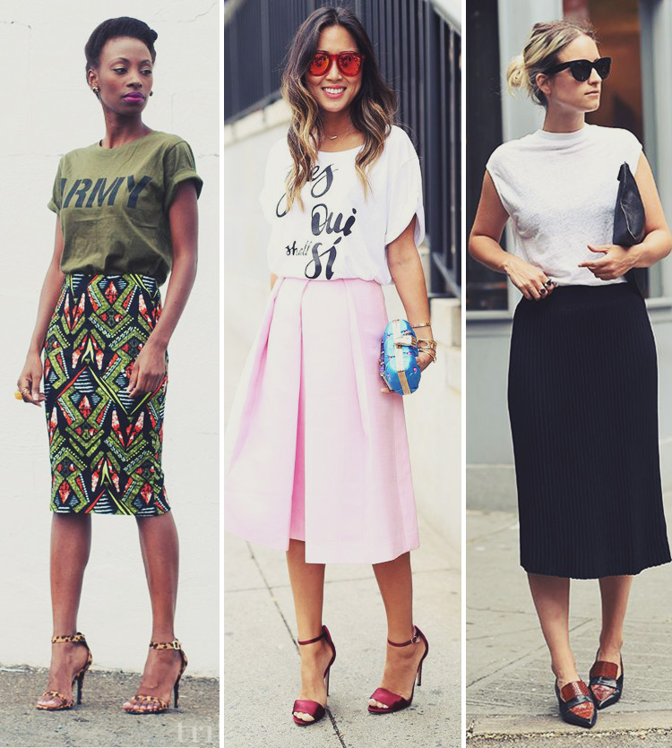 Como usar saia midi estampada com t-shirt