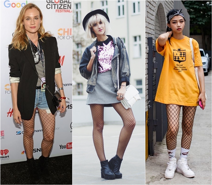 looks com meia arrastão e sandália