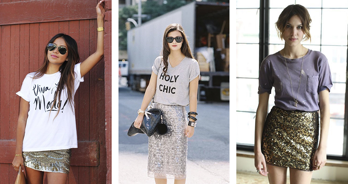 Como usar t-shirt branca com saia de brilho