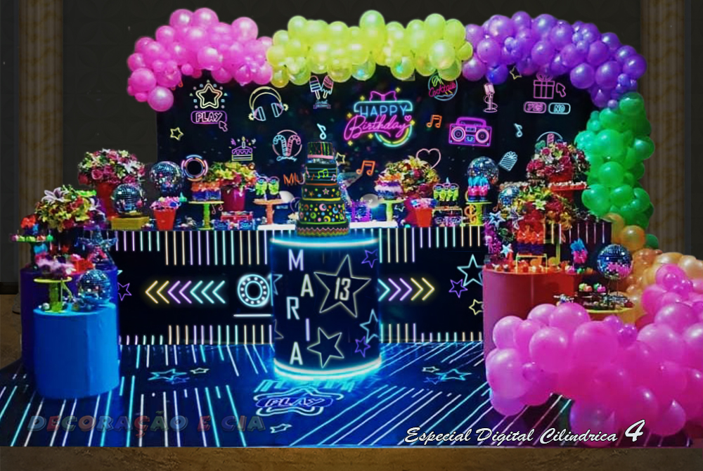 decoração aniversário neon