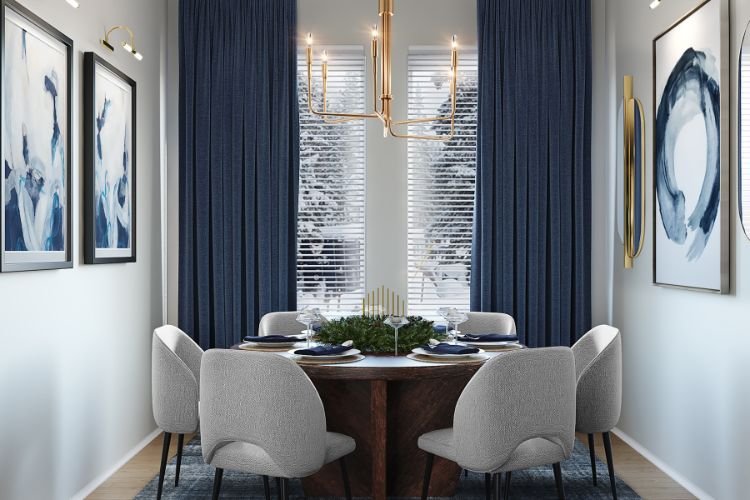 decoração mesa posta azul marinho e dourado