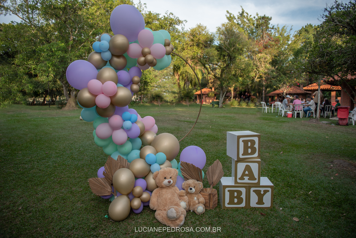 decoração chá revelação simples ao ar livre com tema de floresta
