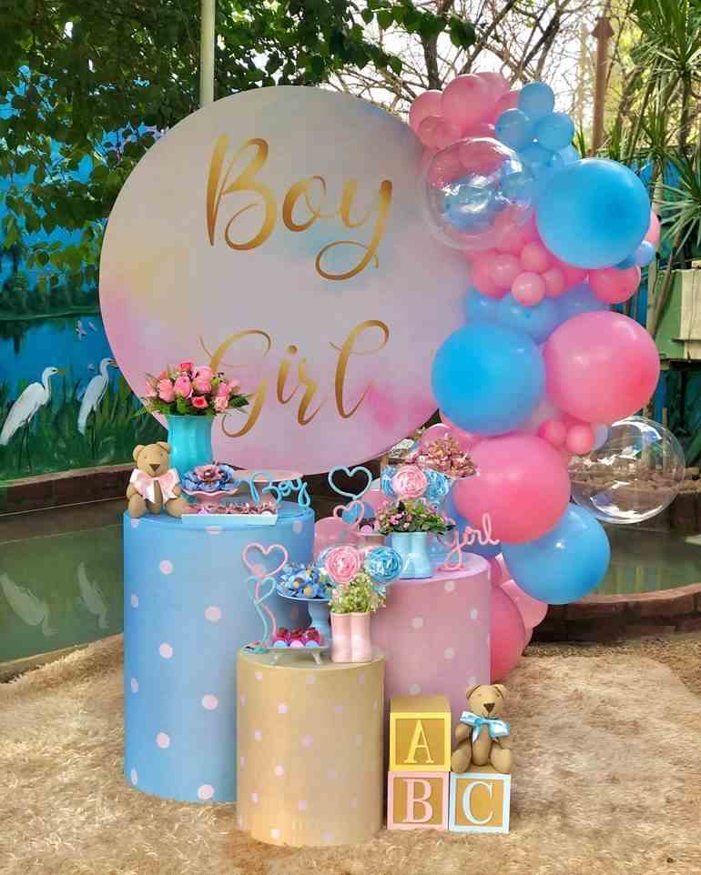 decoração chá revelação simples ao ar livre com balões