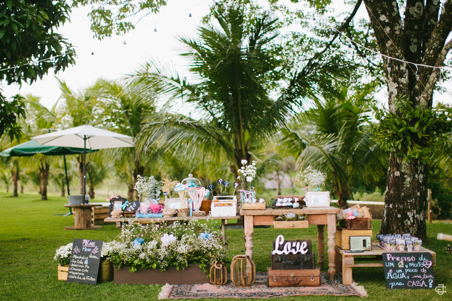 decoração chá revelação simples ao ar livre vs decoração interna