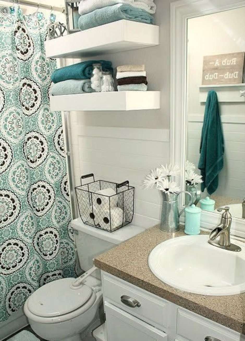 decoração de banheiro com cortina de box