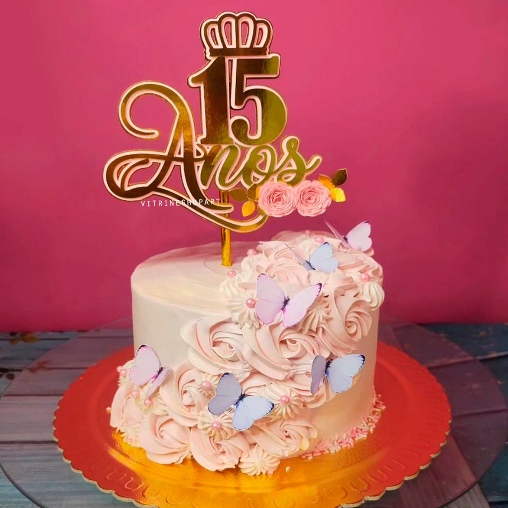 decoração bolo 15 anos rosa e dourado