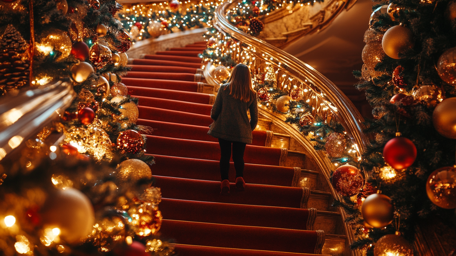 decoração corrimão escada natal com festão