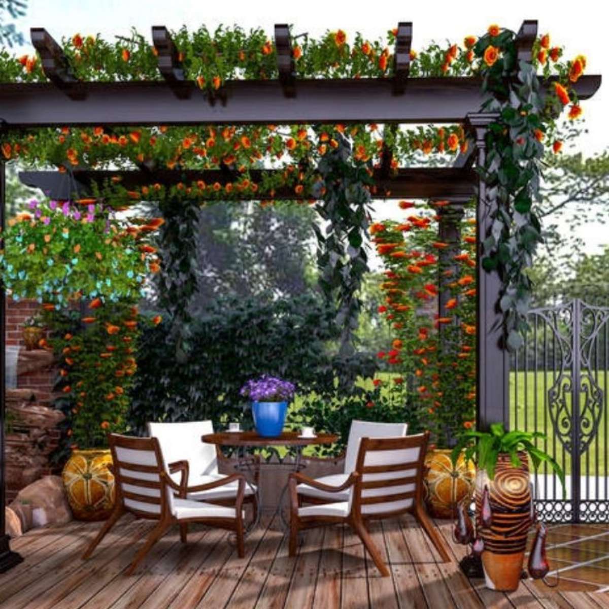 Decoração de pérgola com plantas trepadeiras