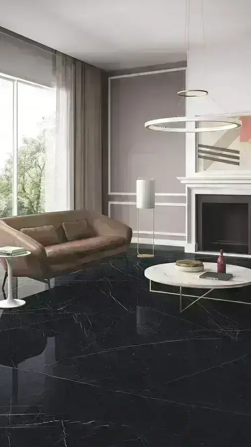 decoração de sala com piso preto