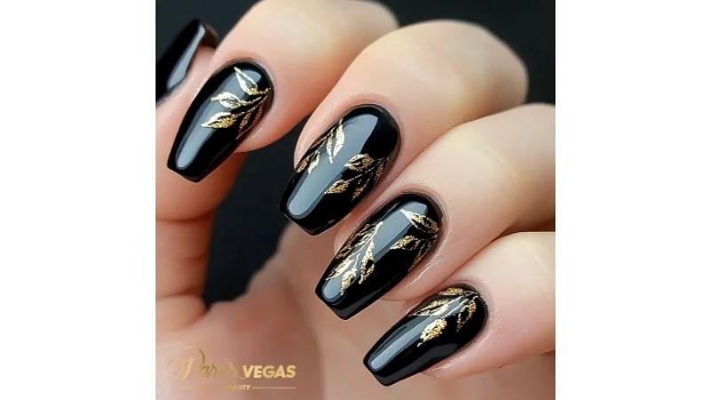 Unhas pretas com nail art temática (flores, oncinha)