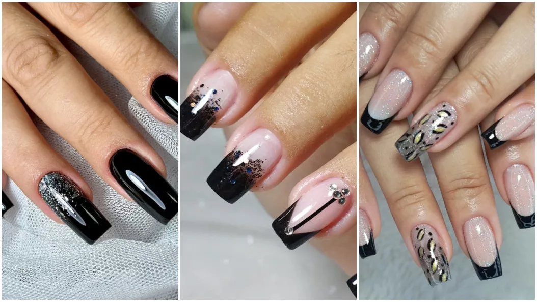 unha preta com glitter holográfico