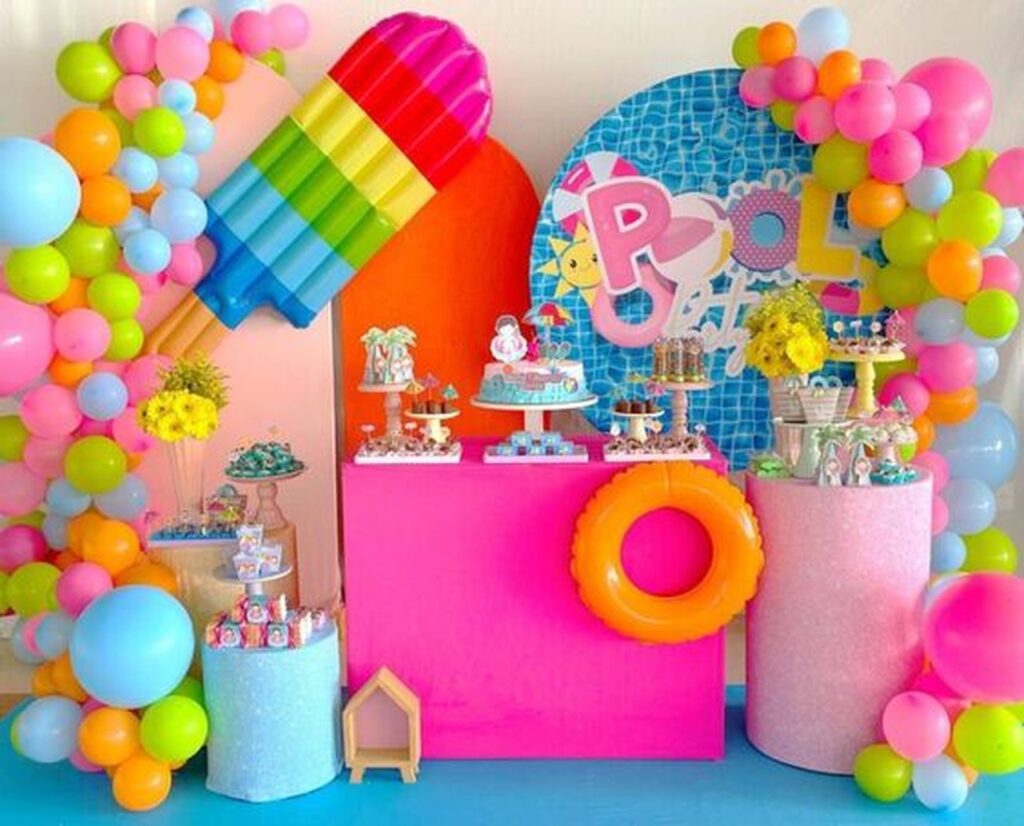 decoração mesa pool party