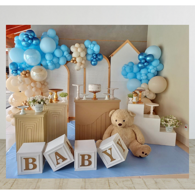 decoração chá de bebê menino azul e dourado