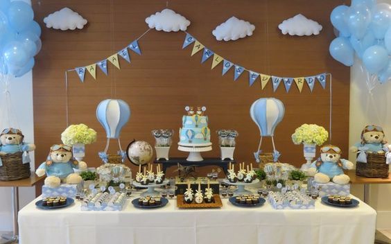 decoração chá de bebê menino azul e bege