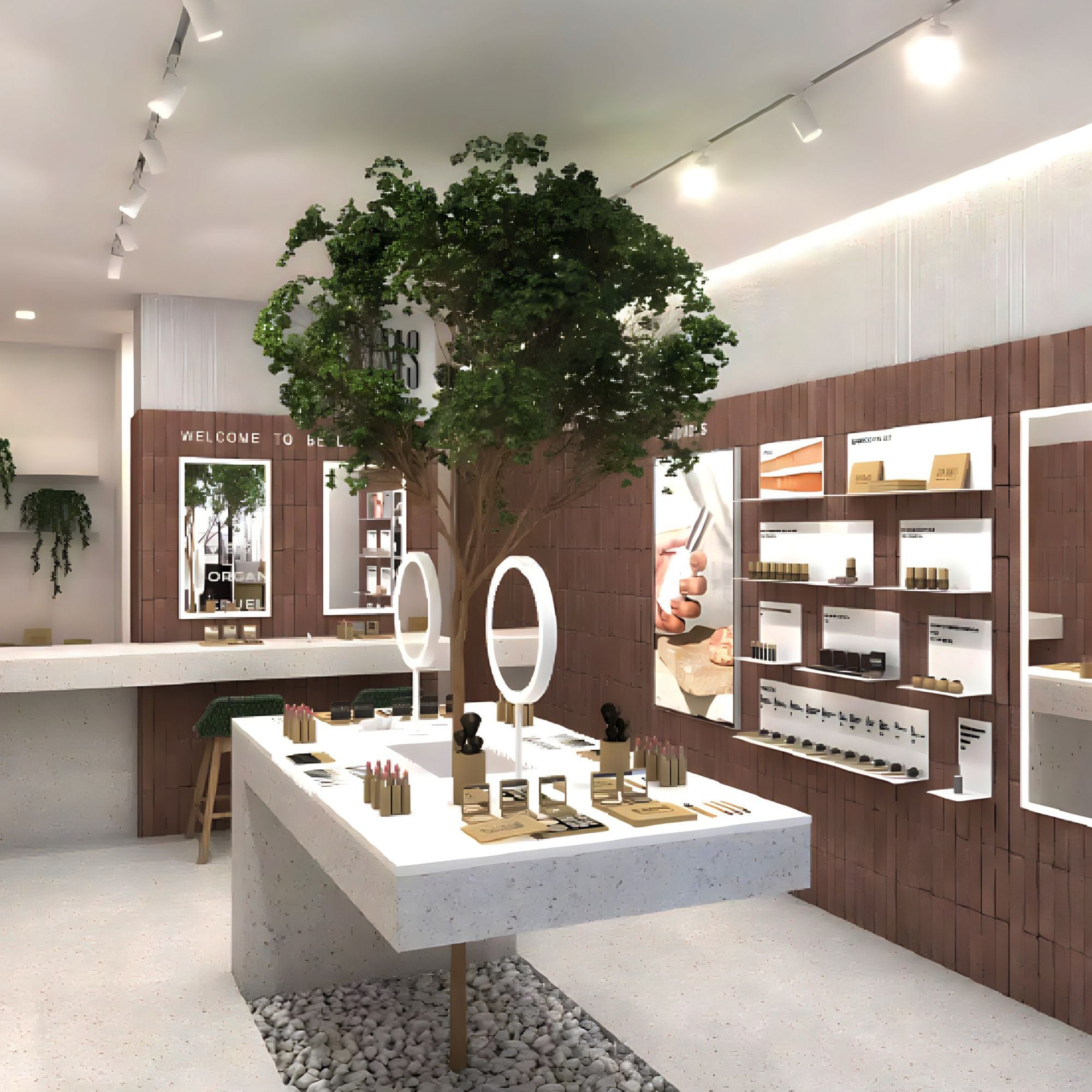 decoração loja maquiagem minimalista versus glam