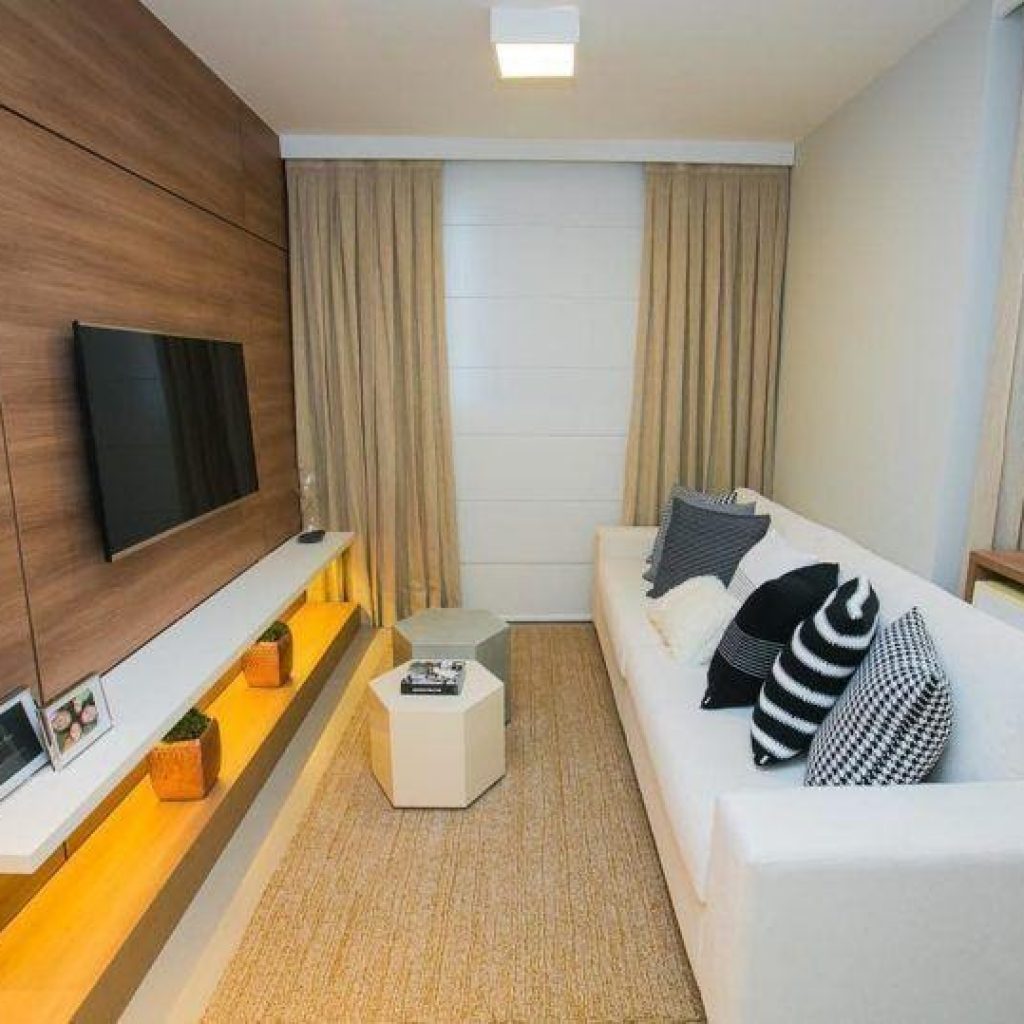 ideias de decoração sala estreita e comprida com fotos