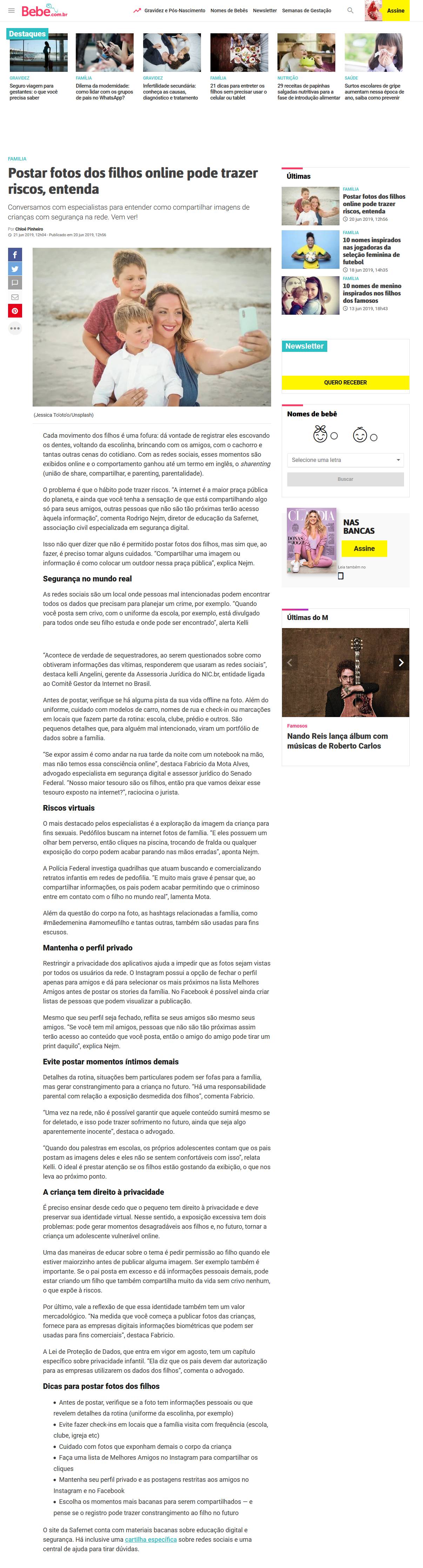 evitar expor rosto de filhos em redes sociais