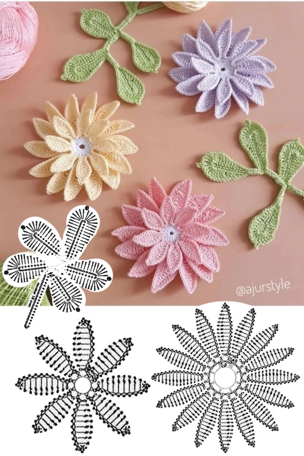 flores e folhas de croche com graficos