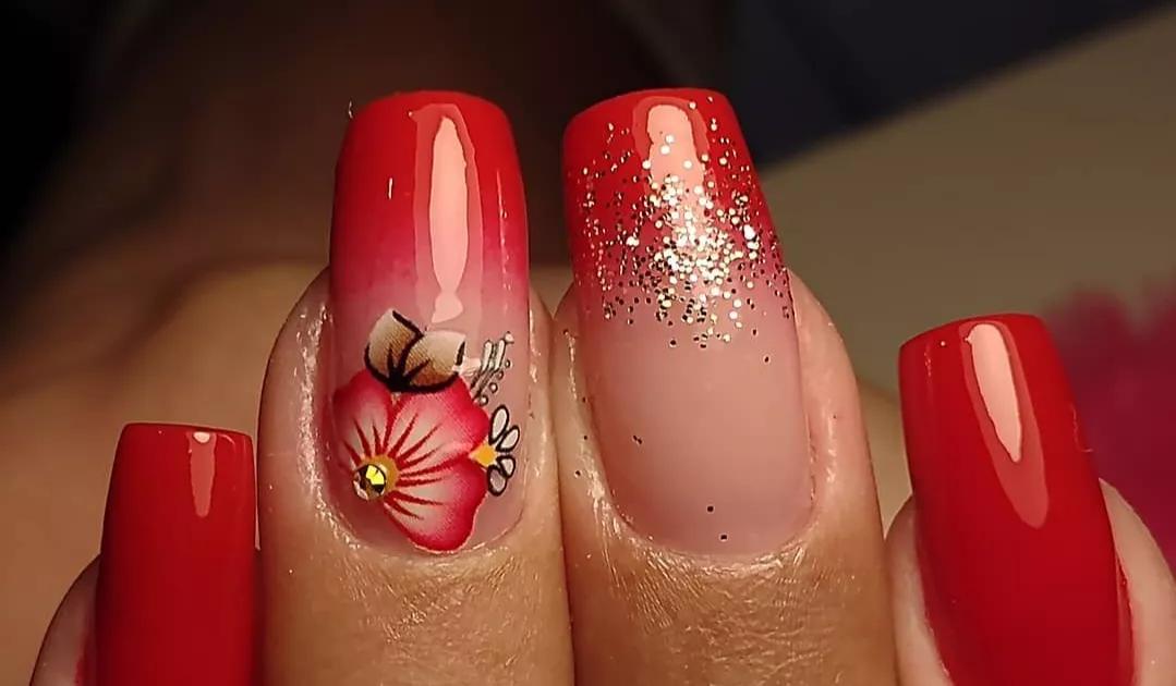 como fazer unha vermelha com glitter degradê